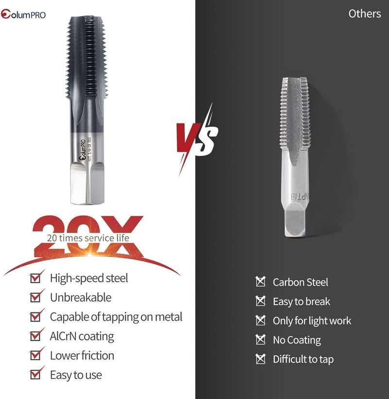 ColumPRO 1/4”-18 NPT Pipe Tap, High-Speed Steel Thread Tap with AD+ Coating, Heavy-Duty Threading Tool for Stainless Steel, Brass, PVC, Metal - Image 5